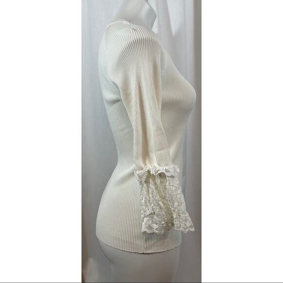 50% OFF Carmen Marc Valvo Top Ribbed Lace Sleeves Stretch Off White Blouse - Picture 4 of 6